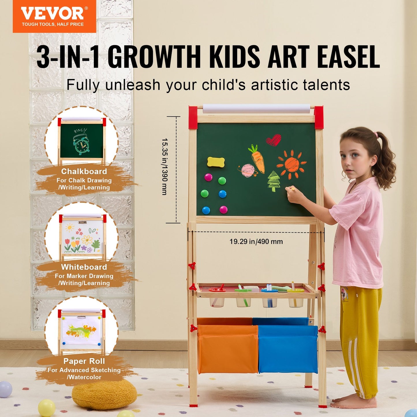 US Local 3-in-1 Kids Art Easel Double-Sided Wooden Magnetic Whiteboard Chalkboard