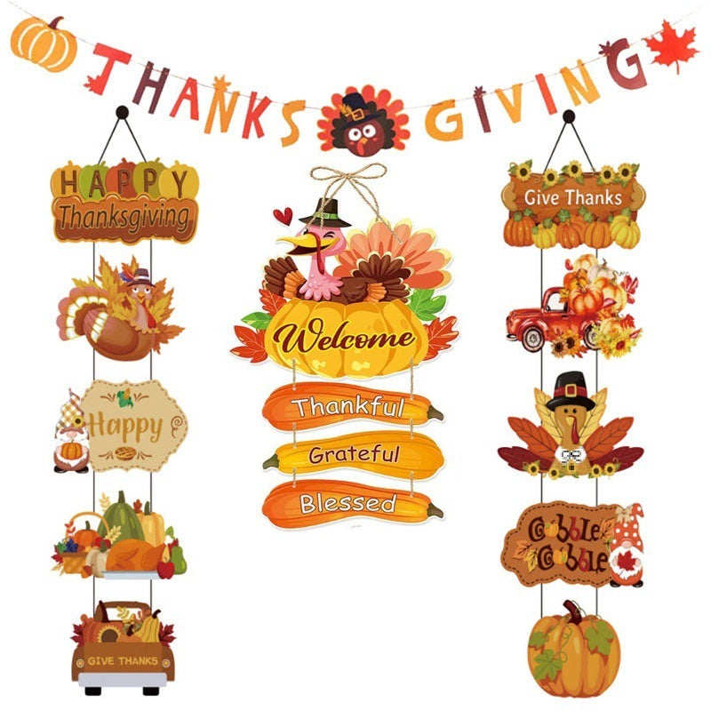 Thanksgiving Decoration Couplet Autumn Harvest Maple Leaf Hanging Flag Turkey Pumpkin Listing