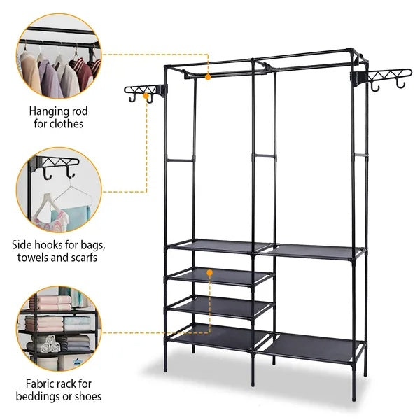 US Local Metal Garment Rack Shoe Clothing Organizer Shelves Freestanding Multifunctional Clothes Wardrobe