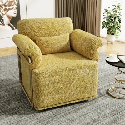 US Local 360 Degree Square Swivel Accent Sofa Chair,Fluffy Fabric Lounge Wide Upholstered Reading Chair With Gold Metal Legs, Comfortable Armchair For Living Room,Bedroom,Office