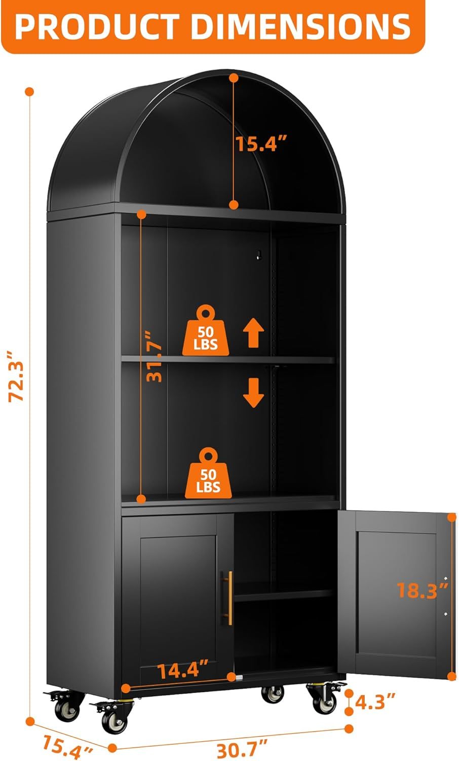 US Local Metal Arched Bookcase With Wheels, Modern Freestanding Black Arch Storage Cabinets For Home Office Bookshelf Living Room