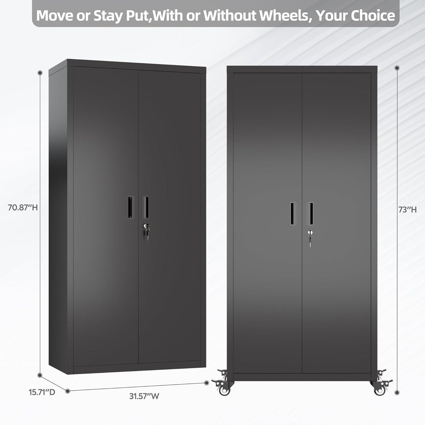 US Local Garage Storage Cabinet With Optional Wheels, Metal Lockable File Cabinet With 2 Doors And 4 Adjustable Shelves,Tool Storage,Home Office Garage,Gym,School Black