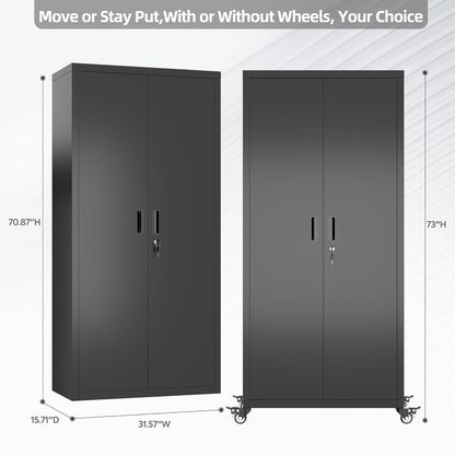US Local Garage Storage Cabinet With Optional Wheels, Metal Lockable File Cabinet With 2 Doors And 4 Adjustable Shelves,Tool Storage,Home Office Garage,Gym,School Black