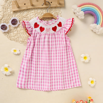 US Local Infant Baby Girls' Valentine's Day Dress Pink Plaid With Heart Embroidery, Smocked Ruffle Sleeves