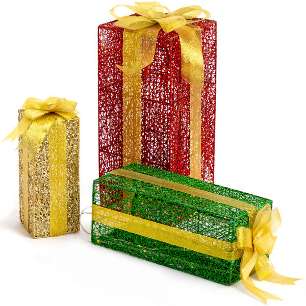 US Local 3pcs 18in-15in-11in Green Gold Christmas Lighting Gift Box