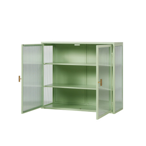 US Local Modern Double Door Wall Cabinet With Glass Door With Three Levels Of Storage For Entrance Living Room, Bathroom, Dining Room, Mint Green