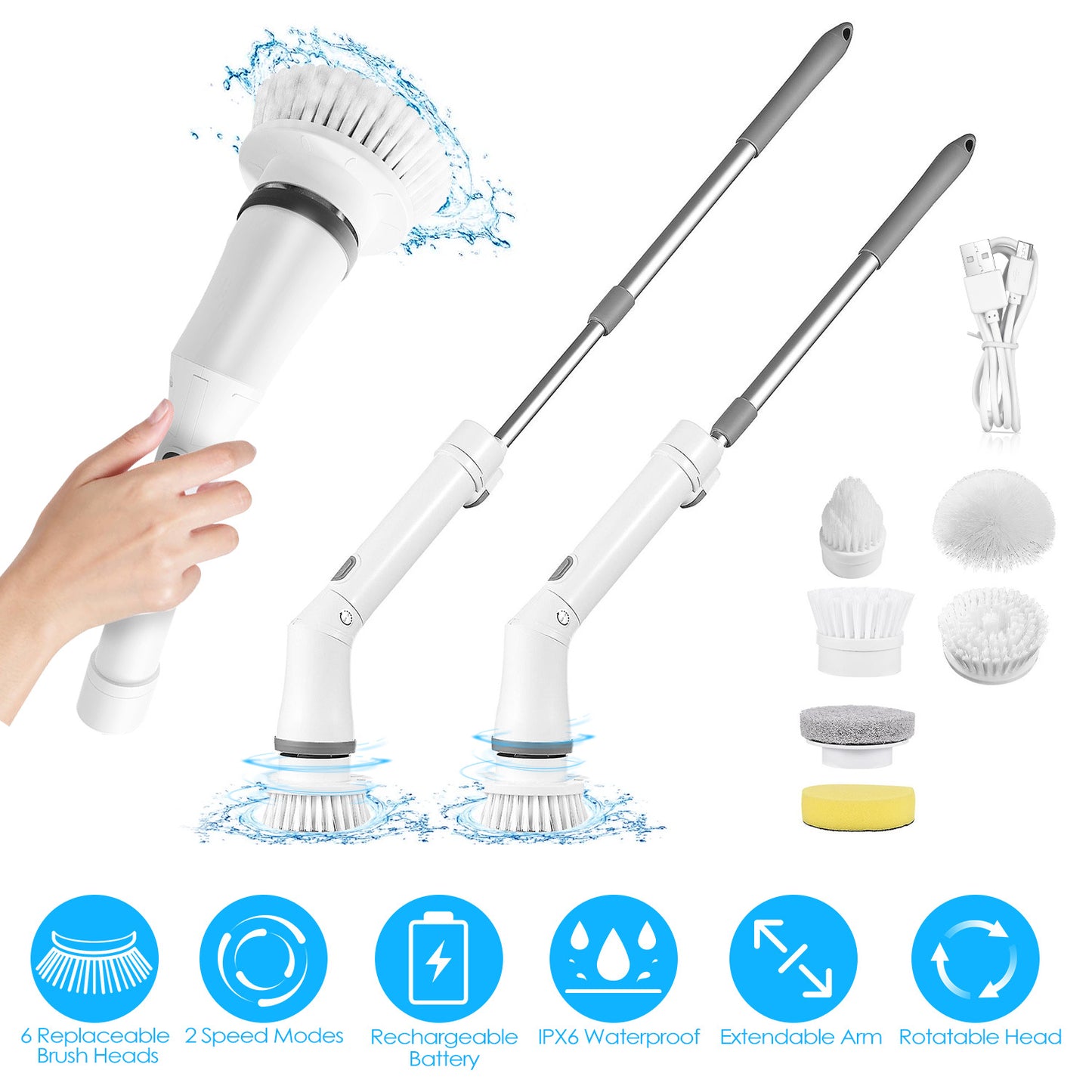 US Local 1Set Electric Spin Scrubber Cordless Rechargeable Telescopic Cleaning Brush 6 Replaceable Heads 2 Speed Adjustable Extension Arm Bathroom Tub Tile Floor