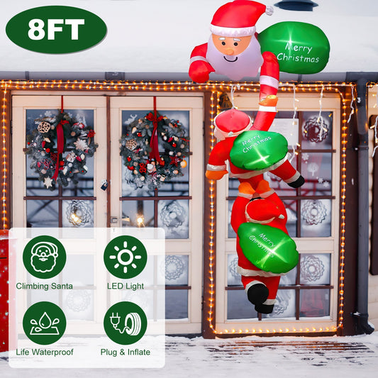 US Local 1 Pc 8FT Climbing Inflatable Santa Claus With Light Hanging Blow Up Christmas Inflatable Indoor Outdoor Christmas Decorations 3 Santa Claus 3 Merry Christmas Boards