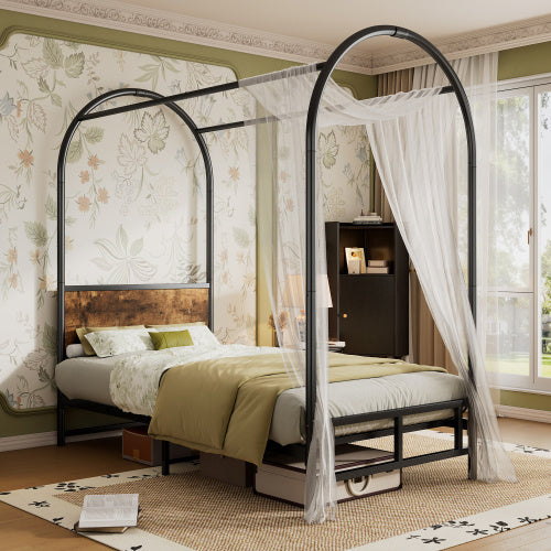 UK Local Metal Bed, 3FT Single Bed 90x190cm, Durable And Sturdy, Canopy Twin Bed, Iron Bed For Adults  Teenagers, Blackwood Color Bed Frame Only, Drape Not Included