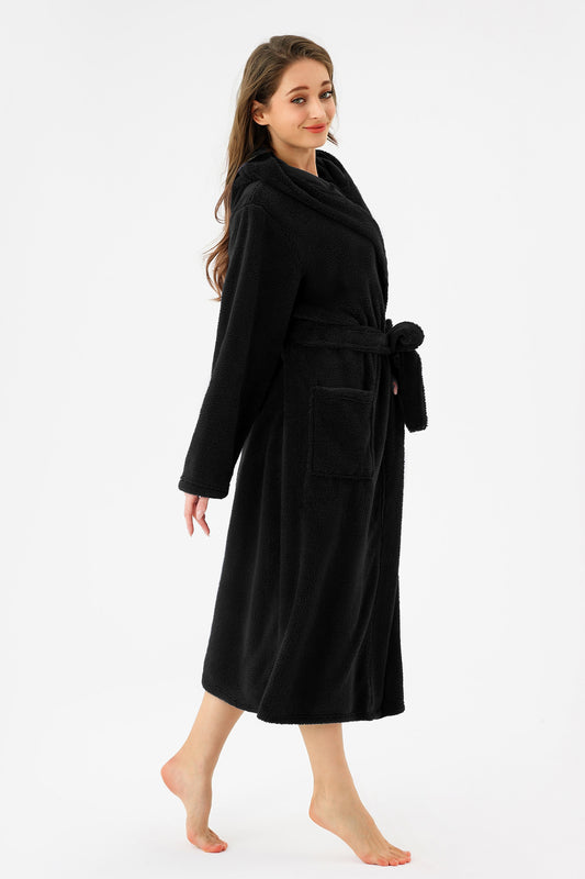 US Local RONGTAI Womens Hooded Robe Long Plush Fleece Bathrobe With Pockets Nightwear S-XXL