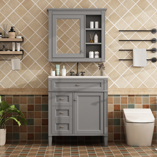 US Local 30'' Bathroom Vanity With Top Sink, Modern Bathroom Storage Cabinet With 2 Drawers And A Tip-out Drawer, Freestanding Vanity Set With Mirror Cabinet, Single Sink Bathroom Vanity