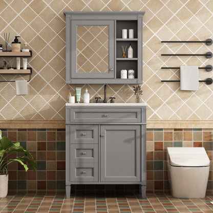 US Local 30'' Bathroom Vanity With Top Sink, Modern Bathroom Storage Cabinet With 2 Drawers And A Tip-out Drawer, Freestanding Vanity Set With Mirror Cabinet, Single Sink Bathroom Vanity