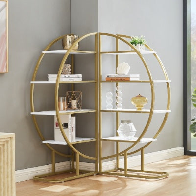 US Local 4 Tiers Home Office Open Bookshelf, Round Shape, Different Placement Ways, MDF Board, Gold Metal Frame, Golden