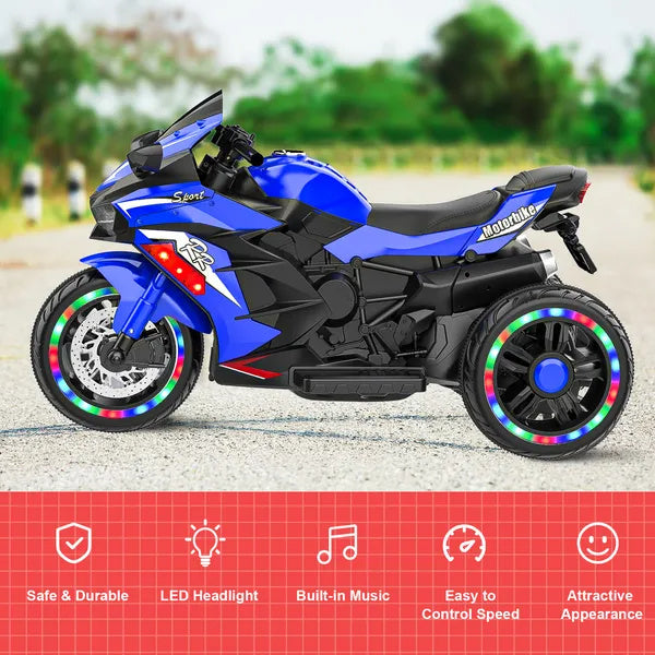 US Local Kids Powered Ride-ons Toy, Kids Motorcycle For 3-6 Years, 12V Electric Ride On Motorcycle With Light Wheel & Bluetooth Music-Blue