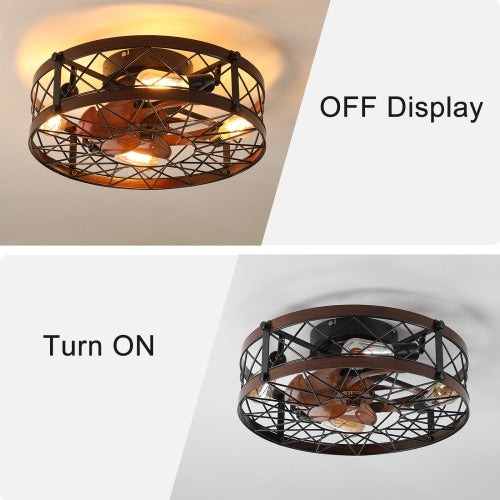 US Local Cage Ceiling Fan With Light, Black, Recessed Ceiling Fan Light, Farmhouse Small Ceiling Fan With Light Fixture, Bedroom Reversible Fan - E26 Bulb Included