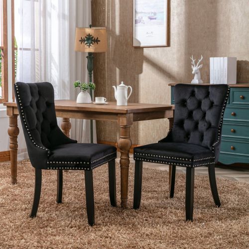 UK Local Modern Set Of 2 Upholstered Velvet Dining Chairs, Button Tufted Kitchen Lounge Chairs With Brushed Wood Legs, Riveted Trim And Knocker Ring, For Dining Room Living Room