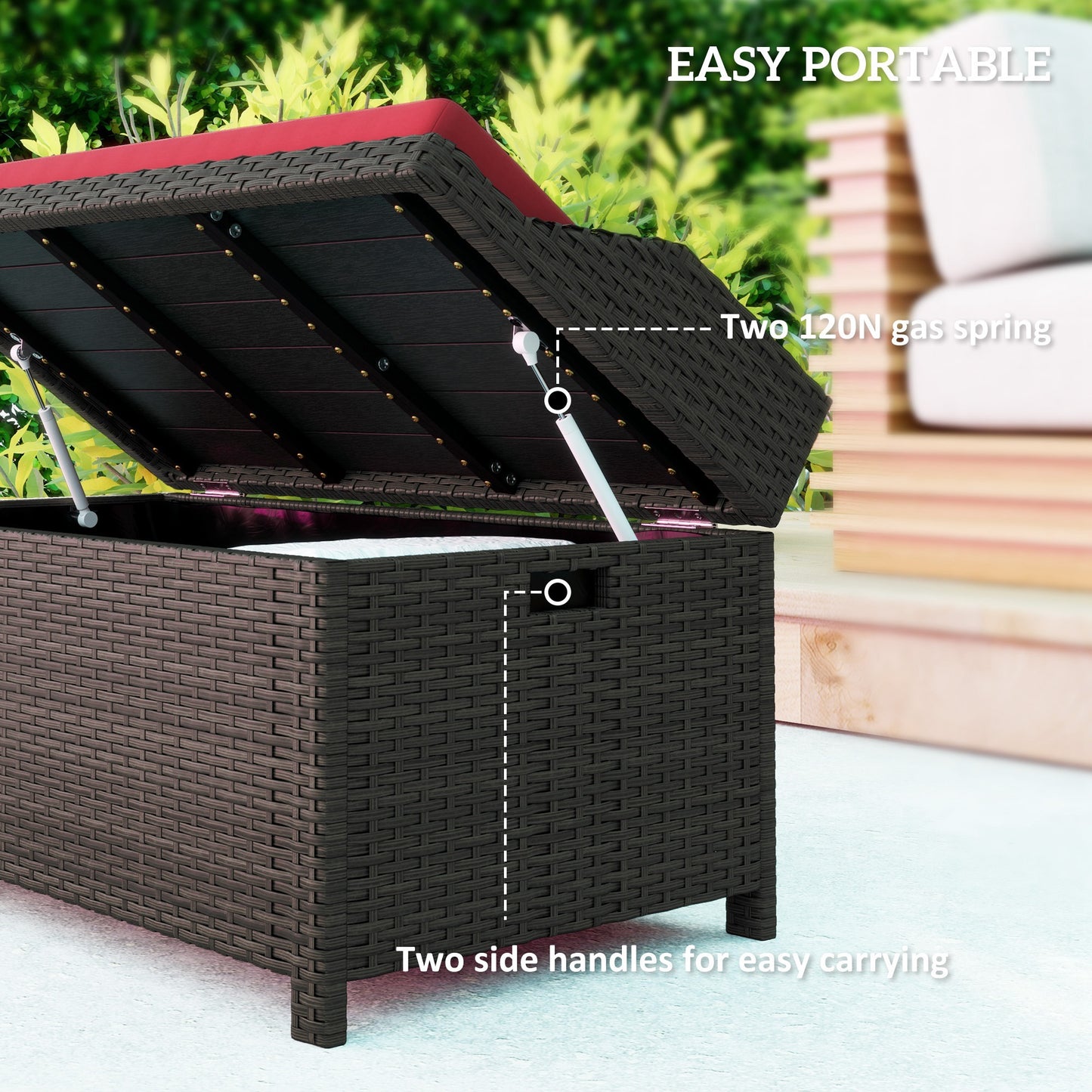 US Local Outdoor Wicker Storage Bench With Storage & Cushion, Red
