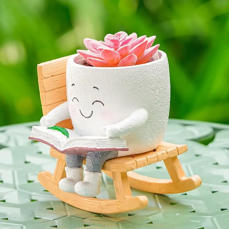 US Local 2 Pieces Of Cute Character Reading Rocking Chair Resin Flower Pots Indoor And Outdoor Plant Decoration Vase Home Flower Gift