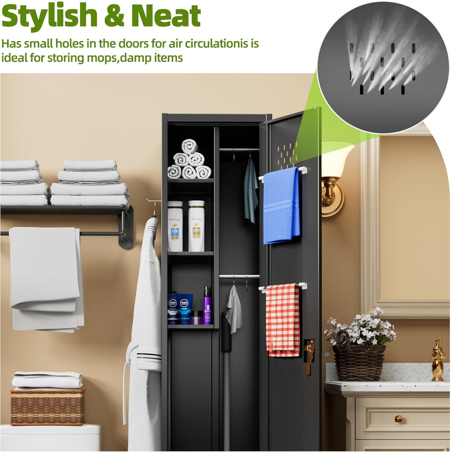 US Local Aobabo Lockable Storage Cabinet With Wheels, Metal Cleaning Tool Cabinet With Hooks, Cleaning Supplies For Broom Rack Shelf For Broom Mops Garage Storage, Black, Assembly Required