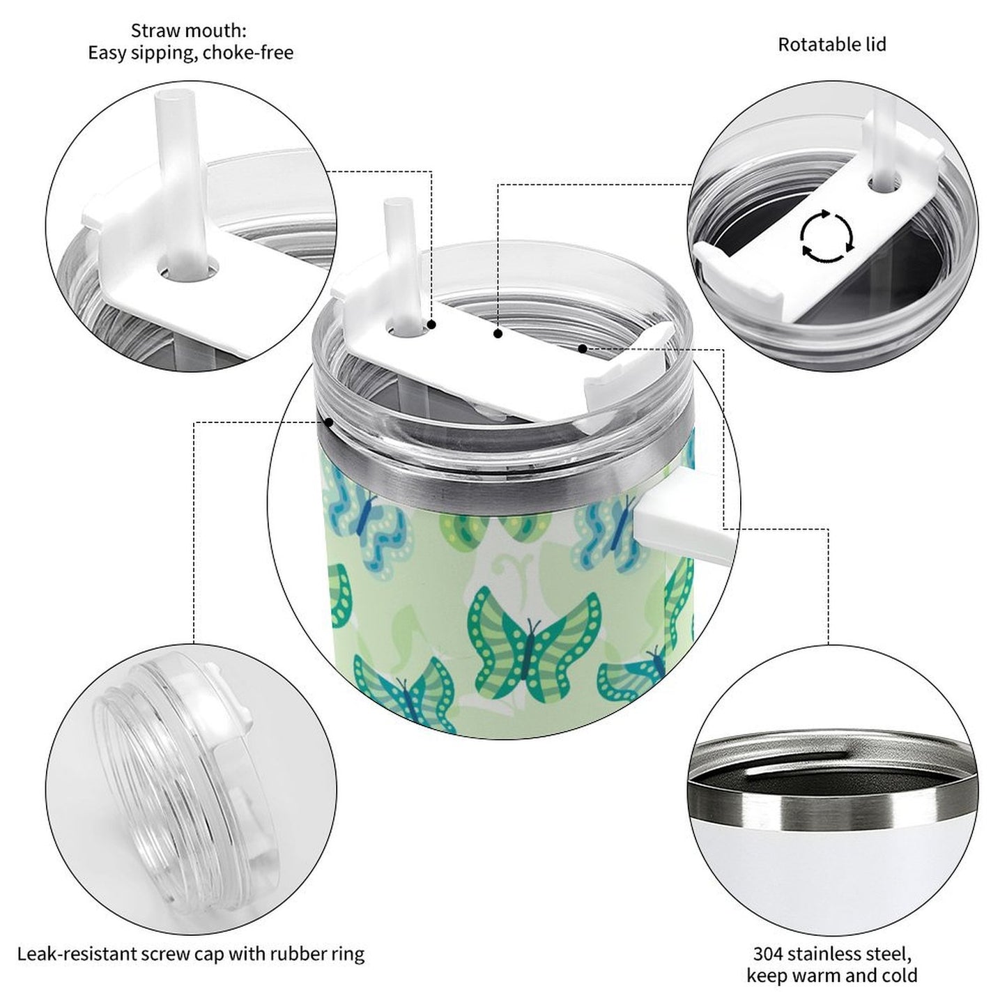 PHDT00519 POD US Local Tumbler 40oz Large Capacity Car Cup Butterfly Green