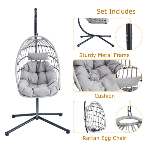 US Local GRHeavy-Duty Iron Hanging Chair With Wicker Weave   Single Person Swing For Indoor  Outdoor Gray