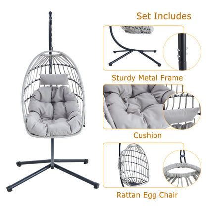 US Local GRHeavy-Duty Iron Hanging Chair With Wicker Weave   Single Person Swing For Indoor  Outdoor Gray