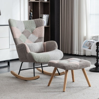 UK Local Rocking Chair, Fabric Relaxing Chair Wingback Accent Chair With Solid Wood Legs, Accent Armchair With Ottoman Single Sofa, Chair With Footstool And Pillow For Home Living Room Bedroom, Multicolour