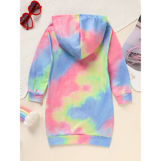 US Local Toddler Girls Long Sleeve Tie Dye Hooded Dress Adorable & Comfortable Daily Wear For Kids
