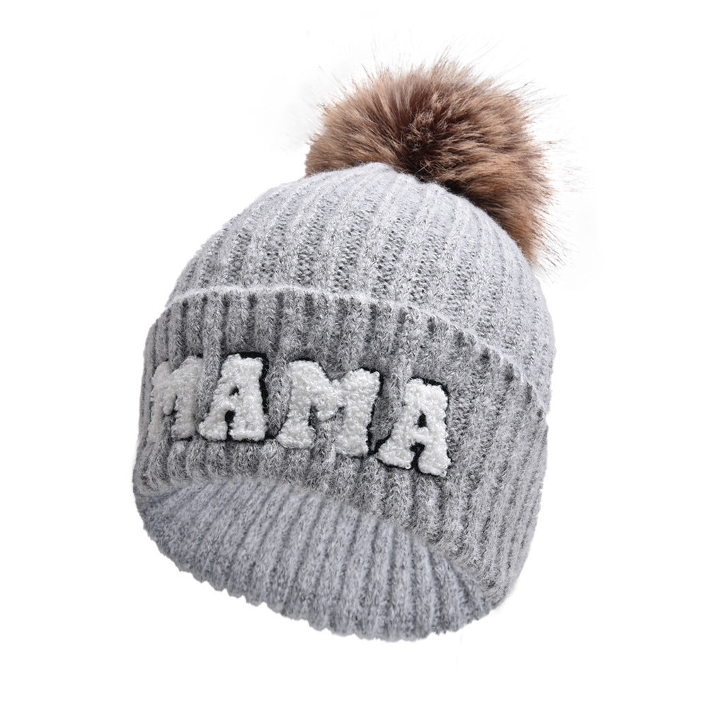 Letter MAMA Woolen Cap Outdoor Fur Ball Warm Hat