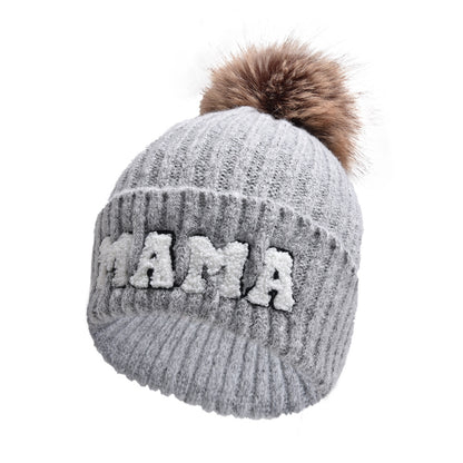 Letter MAMA Woolen Cap Outdoor Fur Ball Warm Hat