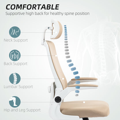 US Local Mesh Office Chair, Ergonomic Desk Chair With Flip-up Armrest, Rotatable Headrest, Adjustable Lumbar Support, Khaki