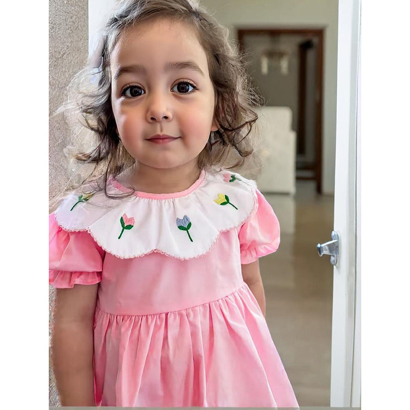 US Local Toddler Baby Girl Spring Tulip Smocked Short Sleeve Dress With Lovely Tulip Embroidery Princess Dresses