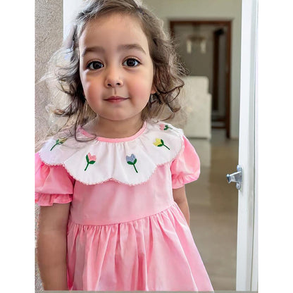 US Local Toddler Baby Girl Spring Tulip Smocked Short Sleeve Dress With Lovely Tulip Embroidery Princess Dresses