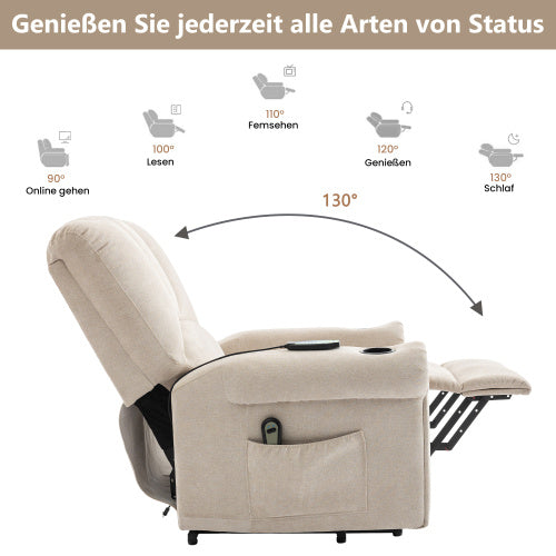 UK Local Power Lift Beige Geriatric Chair - Single Motor, Heated Massage, Standing Assist, Storage Bag, Cup Holder