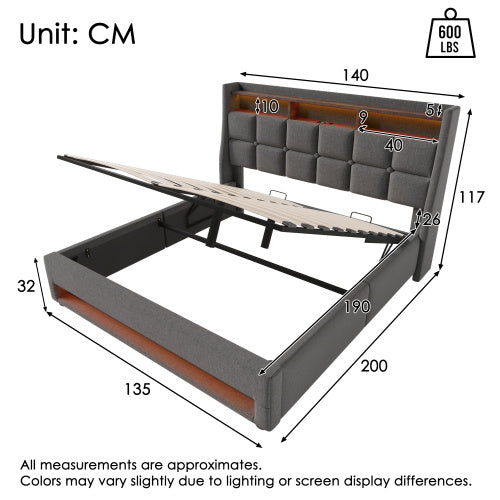 UK Local Upholstered Double Bed 135 X 190 Cm With LED Lighting, USB Type-C Charging Function, Storage Headboard, 4FT6 Double Bed Storage Bed Frame With Metal Slatted Frame, Linen, Grey No Mattress