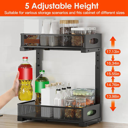 US Local 2Pcs Under Sink Organizer 2 Tier Pull Out Cabinet Baskets Storage Shelf Sliding Storage Drawers Rack With 5 Adjustable Height Mesh Baskets For Home Kitchen Bathroom Office