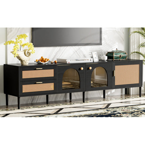 US Local Rattan TV Stand With 3 Cabinets & 2 Drawers, Rattan-inspired Media Console Table For TVs Up To 80'', LED Light Entertainment Center, TV Cabinet For Living Room, Bedroom, Home Theatre