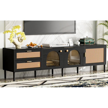 US Local Rattan TV Stand With 3 Cabinets & 2 Drawers, Rattan-inspired Media Console Table For TVs Up To 80'', LED Light Entertainment Center, TV Cabinet For Living Room, Bedroom, Home Theatre
