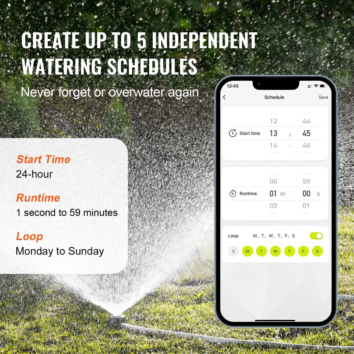 US Local VEVOR WiFi Sprinkler Timer, Single Outlet, Smart Hose Faucet Water Timer With Brass Inlet, APP Control Via 2.4Ghz WiFi Or Bluetooth, Voice Control With Alexa Google Assistant, IPX6 For Yard Watering