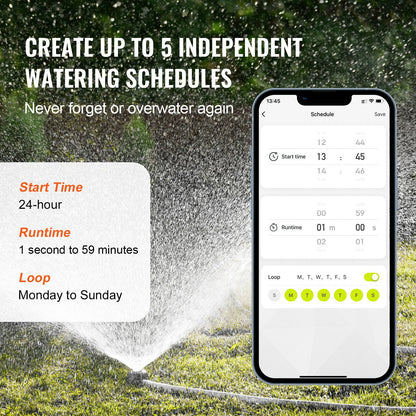 US Local VEVOR WiFi Sprinkler Timer, Single Outlet, Smart Hose Faucet Water Timer With Brass Inlet, APP Control Via 2.4Ghz WiFi Or Bluetooth, Voice Control With Alexa Google Assistant, IPX6 For Yard Watering