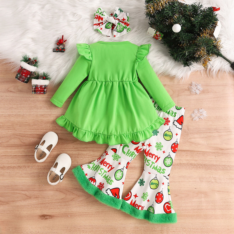 US Local Toddler Girl's 2-Piece Set Round Neck Long Sleeve Ruffle Hem Tunic Top & Print Flare Pants For Spring & Fall