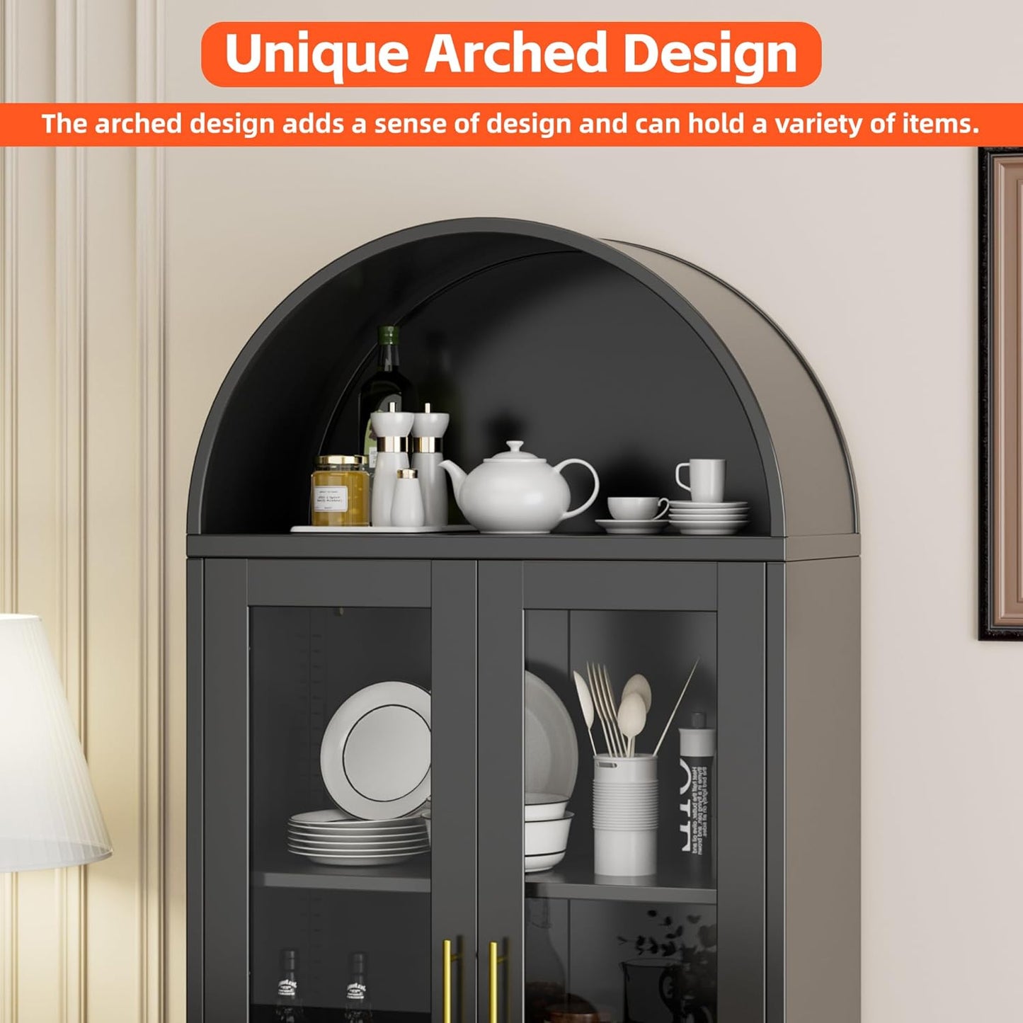 US Local Metal Arched Display Cabinet With Lock, Modern Arch Kitchen Pantry Storage Cabinet With Glass Doors 1 Drawer For Living Room, Bookshelf, Assembly Required Black
