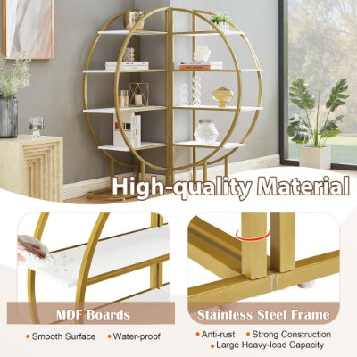 US Local 4 Tiers Home Office Open Bookshelf, Round Shape, Different Placement Ways, MDF Board, Gold Metal Frame, Golden