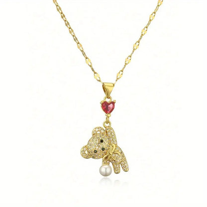 Micro Inlaid Zircon Love Balloon Bear Pearl Necklace