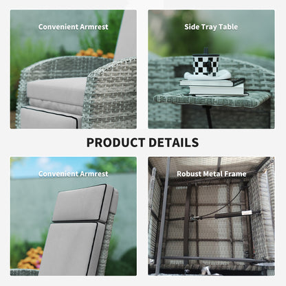 US Local Outdoor Recliner Chair With Cushions, Reclining Patio Lounge Chair With Adjustable Footrest, Armrests, Tray Table, Gray