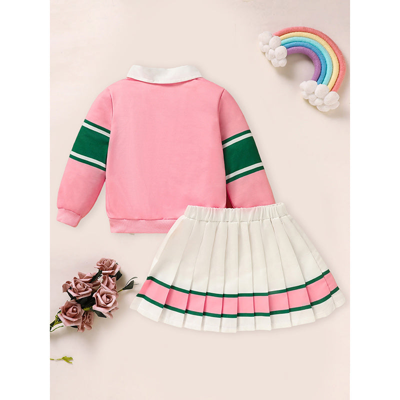 US Local Toddler Girls 2 Piece Outfit Colorblock Letter Graphic Print Sweatshirt And Pleated Skirt Set