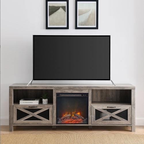 US Local Industrial Farmhouse Metal Mesh Drop-Down X-Door Fireplace TV Stand For TVs - Grey Wash