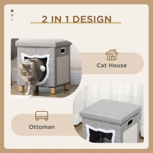 UK Local PawHut Cat House Cave, Cat Bed Cube With Scratching Pad, Soft Detachable & Washable Cushion, Toy Ball, For Indoor Kittens, Grey