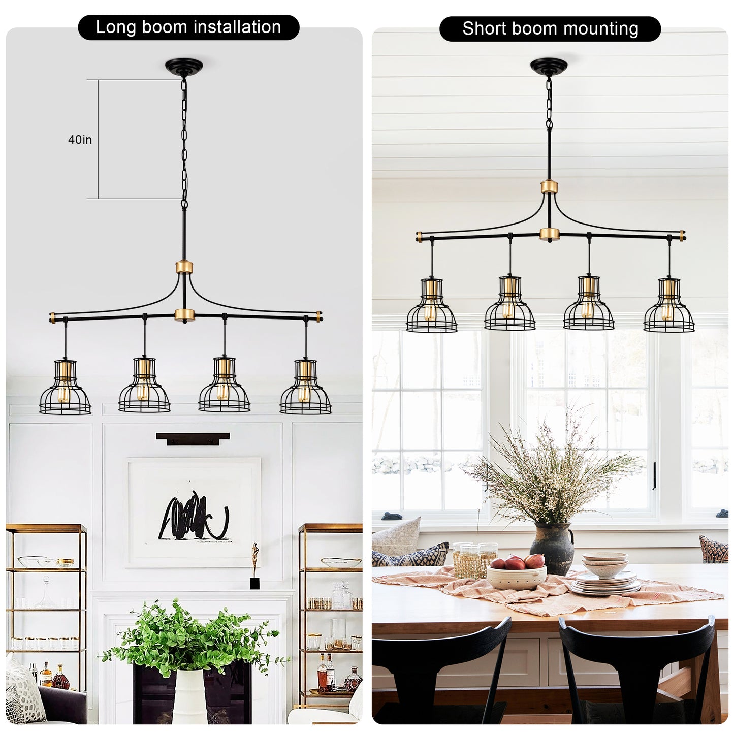 US Local Dining Room Light Fixture Chandelier Over Table, 40-Inch Hanging For Farmhouse Linear Chandeliers,4-Light Kitchen Island Lighting,Matte Black And Matte Gold Ceiling Chandelier,with Metal Lampshade