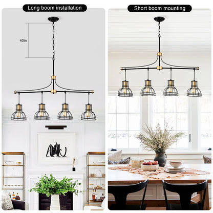US Local Dining Room Light Fixture Chandelier Over Table, 40-Inch Hanging For Farmhouse Linear Chandeliers,4-Light Kitchen Island Lighting,Matte Black And Matte Gold Ceiling Chandelier,with Metal Lampshade